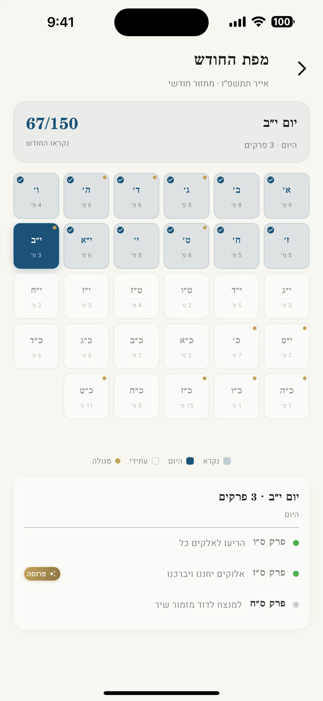Tehilim monthly cycle screen